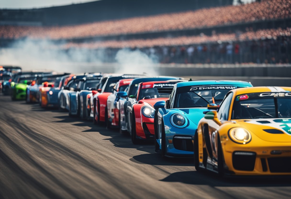 Colorful cars lined up, racing on a track. Smoke and dust fill the air
as engines roar. Flags wave as spectators
cheer