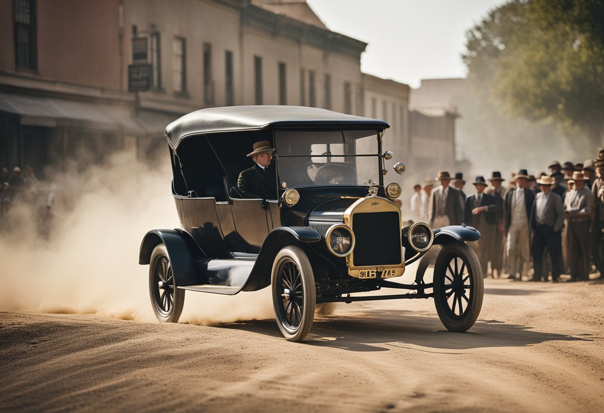 The Ford Model T drives down a dusty road, surrounded by awe-struck
onlookers