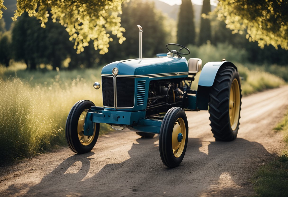 A vintage tractor sits in a rustic Italian countryside. A sleek
Lamborghini sports car emerges from the
background