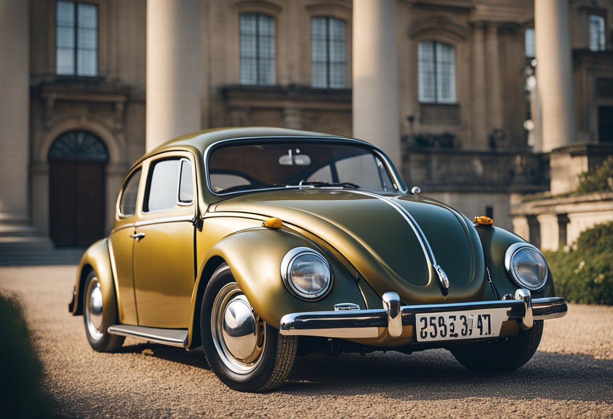 The classic Volkswagen Beetle sits against a backdrop of historical
significance, its timeless design predating World War
II