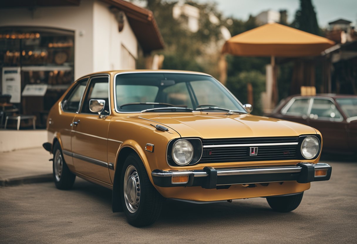 A vintage Honda Civic parked in a retro setting, surrounded by
70s-inspired decor and
accessories