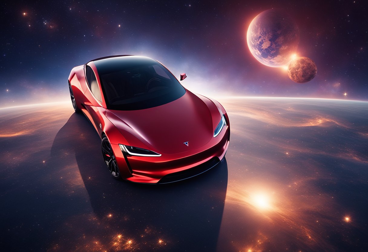 A red Tesla Roadster floats in the vastness of space, with Earth in
the background. Twinkling stars surround the car, creating a surreal and
futuristic
scene