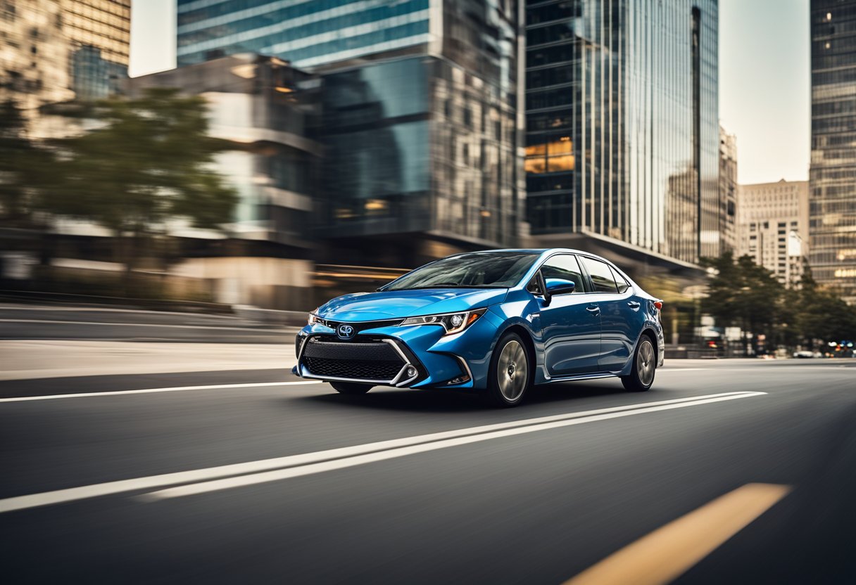 A Toyota Corolla drives through a bustling city, passing by various
landmarks. Its sleek design and smooth ride capture the attention of
onlookers