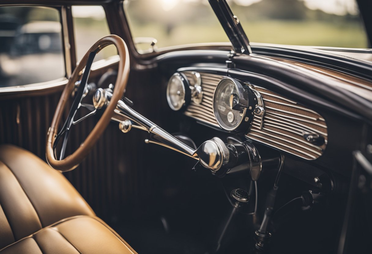 A vintage car from the 1930s with a newly installed radio, with the
dashboard open to show the radio’s dials and
buttons