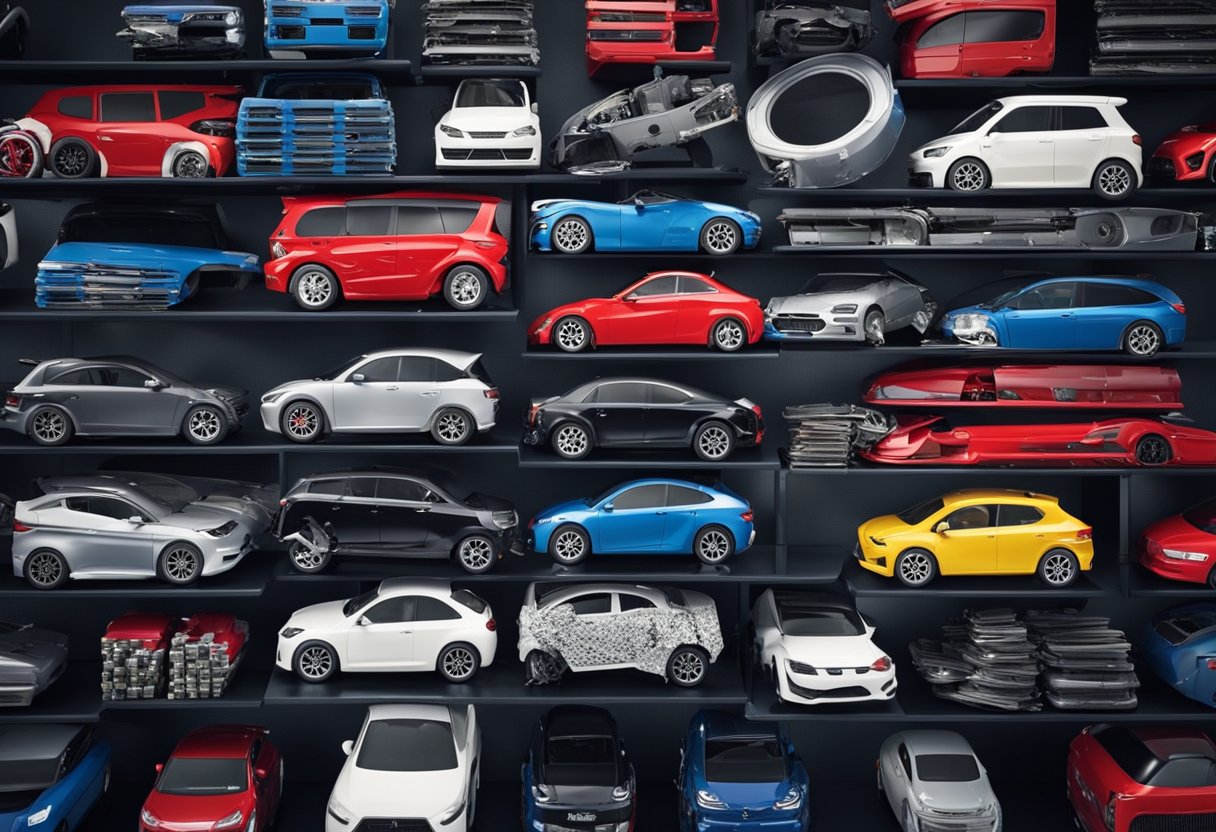 A pile of 30,000 car parts arranged in a dynamic and playful
composition, with each part labeled with a fun car
fact