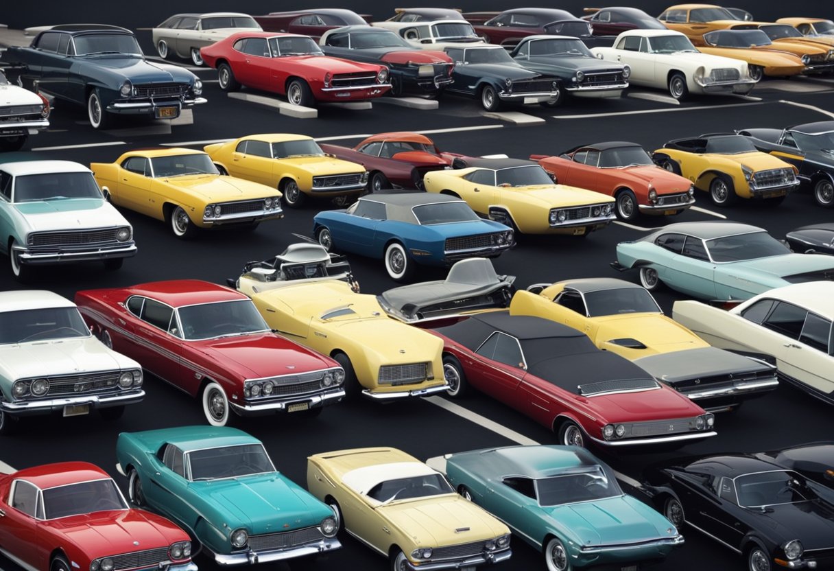 A lineup of cars from different eras, showcasing their evolution. Each
car is labeled with a fun fact about its history and
significance