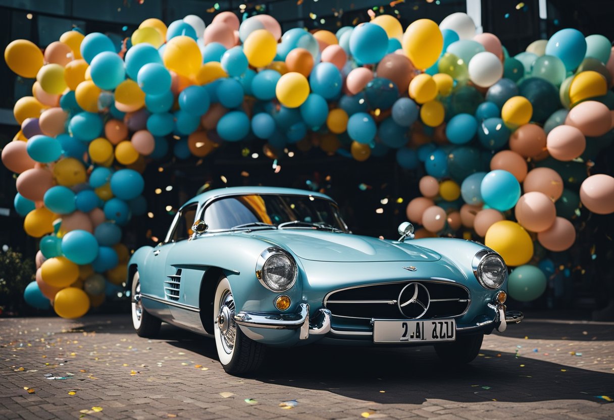 A car with gullwing doors, LED headlights, and a panoramic sunroof
parked next to a vehicle with a retractable hardtop roof. The cars are
surrounded by colorful balloons and confetti, creating a festive
atmosphere