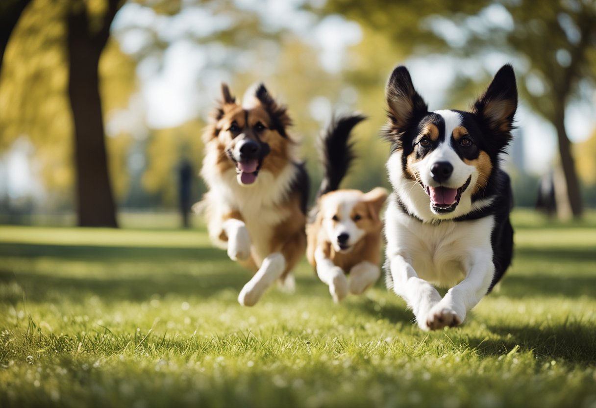 Dogs playing in a park, chasing after a ball, wagging tails, and
barking
happily