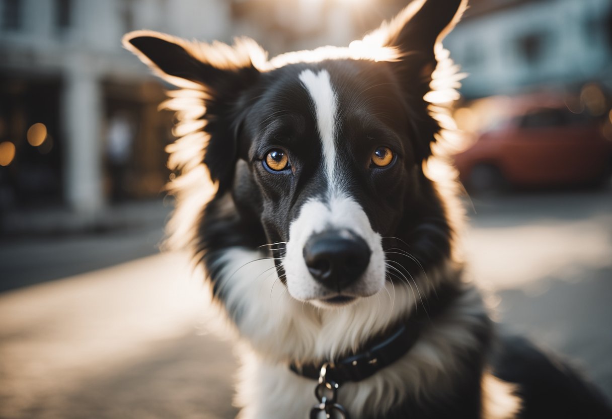 A dog with three eyelids looks curiously at the viewer, surrounded by
playful
elements