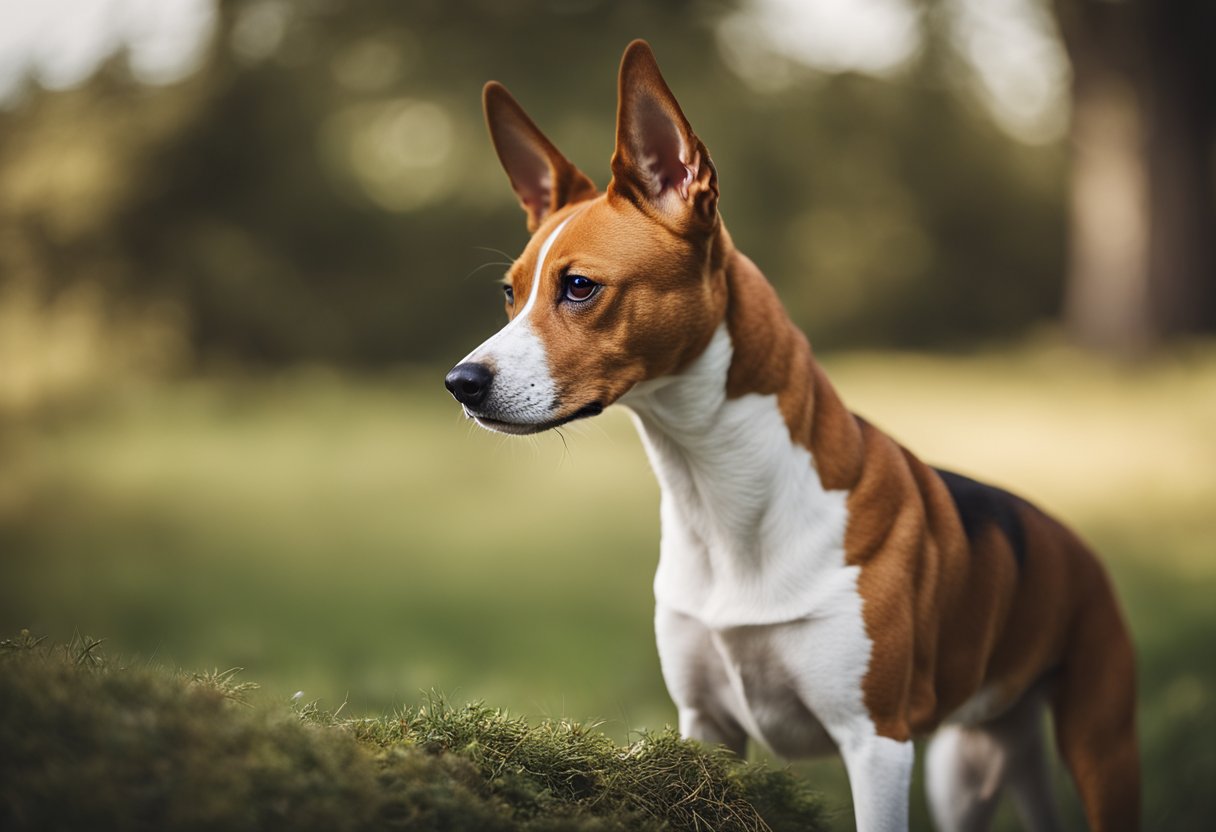 A Basenji stands quietly, its ears perked and tail curled, in a serene
setting