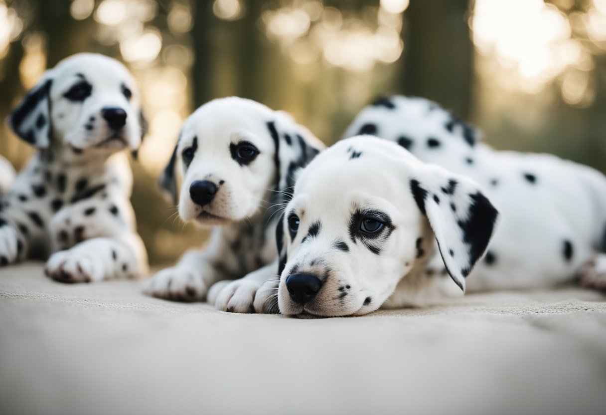 Dalmatian puppies lie together, completely white at
birth