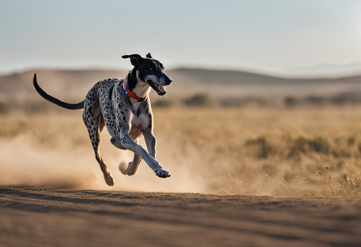 A Greyhound races ahead of a cheetah, stretching its sleek body across
a vast open plain, leaving the faster feline in its
wake