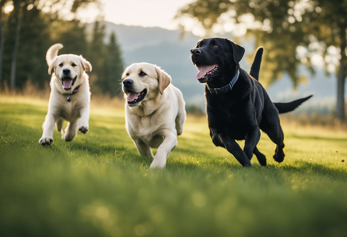 A group of Labradors playfully interact in a spacious, grassy field.
One Labrador is shown fetching a ball while another is happily running
alongside. The scene exudes joy and energy, capturing the essence of
America’s favorite
breed