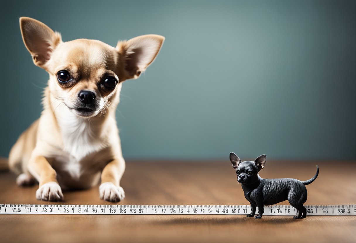 A Chihuahua with a disproportionately large brain, standing next to a
ruler for size
comparison