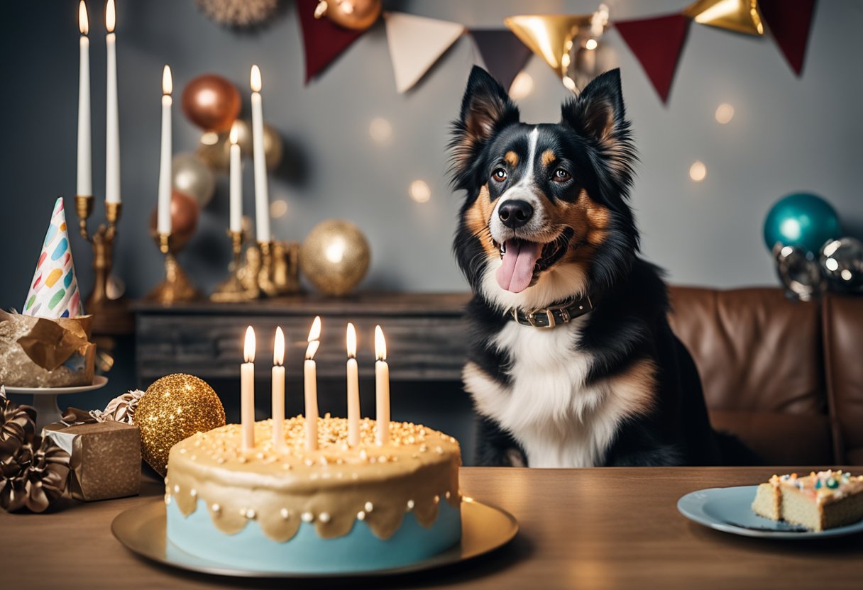 A happy, elderly dog with a wagging tail and gray fur, surrounded by
various dog-related items and a birthday cake with 29
candles