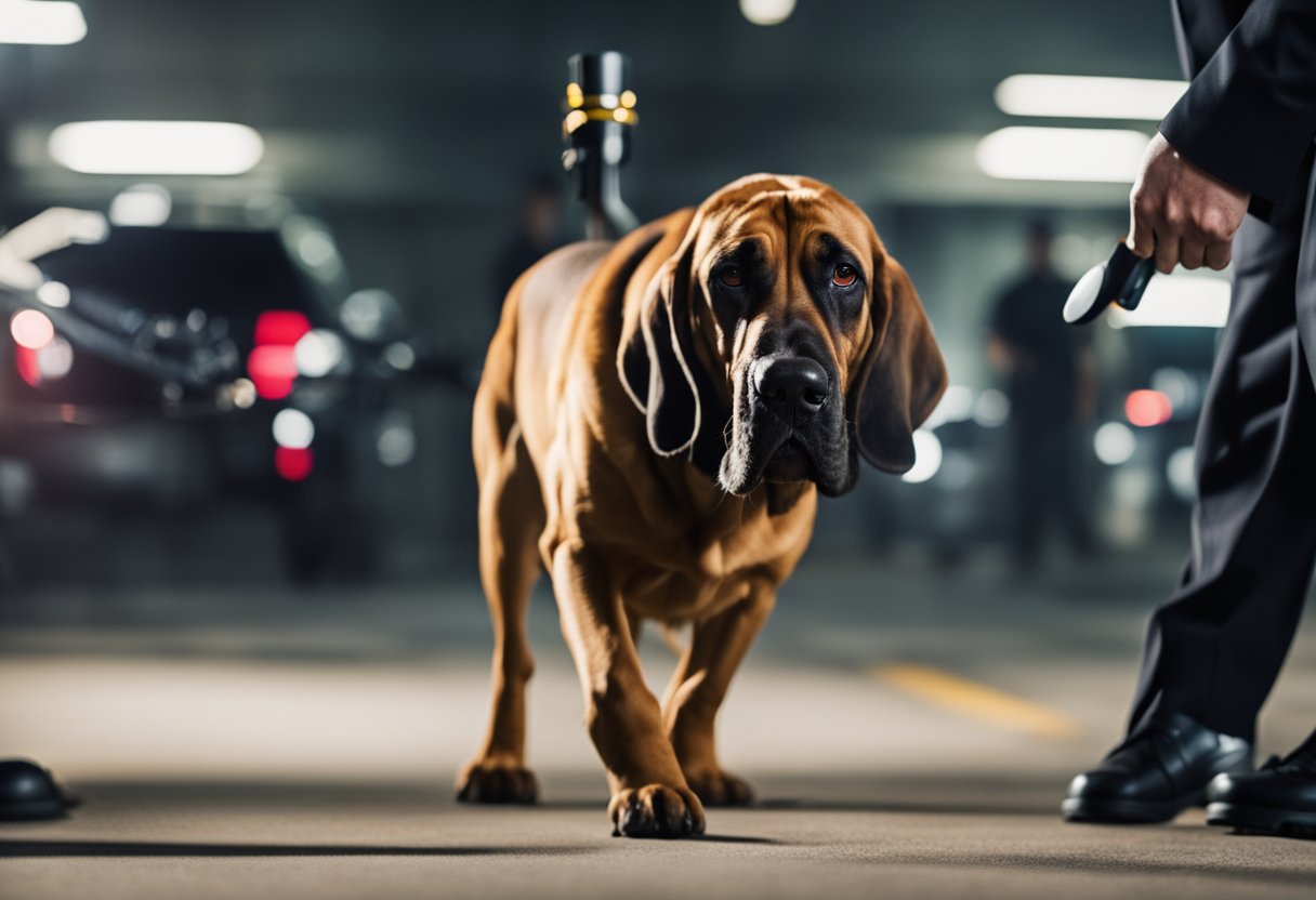 A Bloodhound sniffs a crime scene, leading officers to
evidence