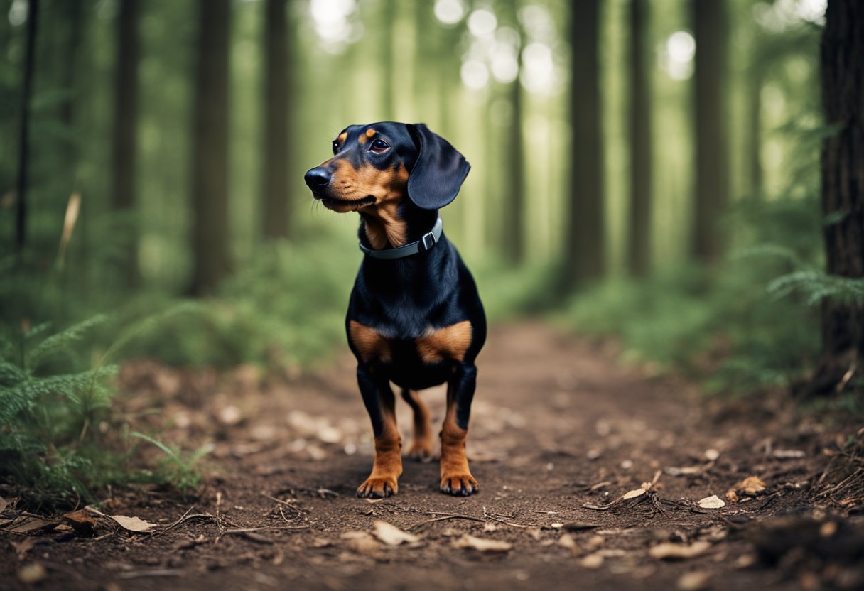 A dachshund stands alert in a forest, nose to the ground, ears perked,
ready to
hunt