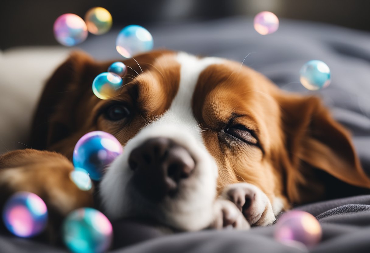 Dogs sleeping peacefully, surrounded by dream bubbles with bones,
balls, and squirrels
inside