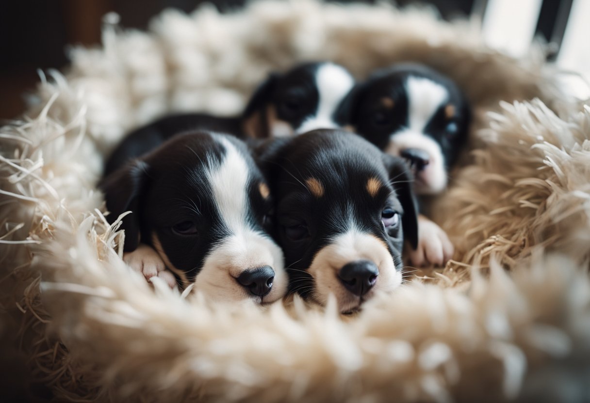 Newborn puppies lay in a cozy nest, their eyes closed and ears shut,
tiny mouths
toothless