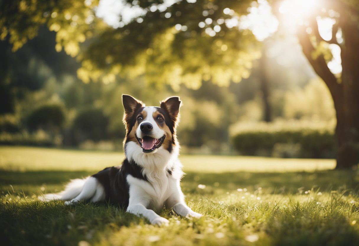 A happy dog playing in a park, surrounded by nature and sunshine, with
a joyful expression on its
face