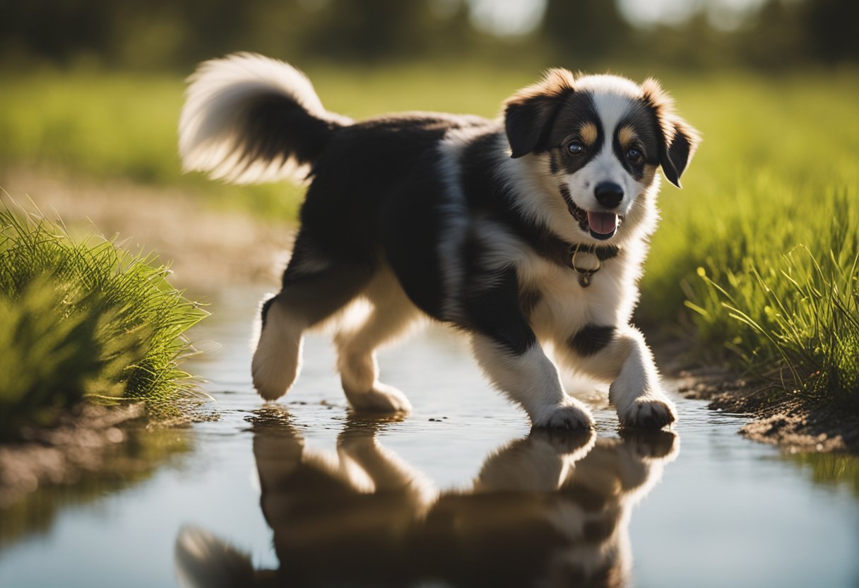 A dog chasing its tail, another digging a hole, one barking at its
reflection, and another rolling in the
grass