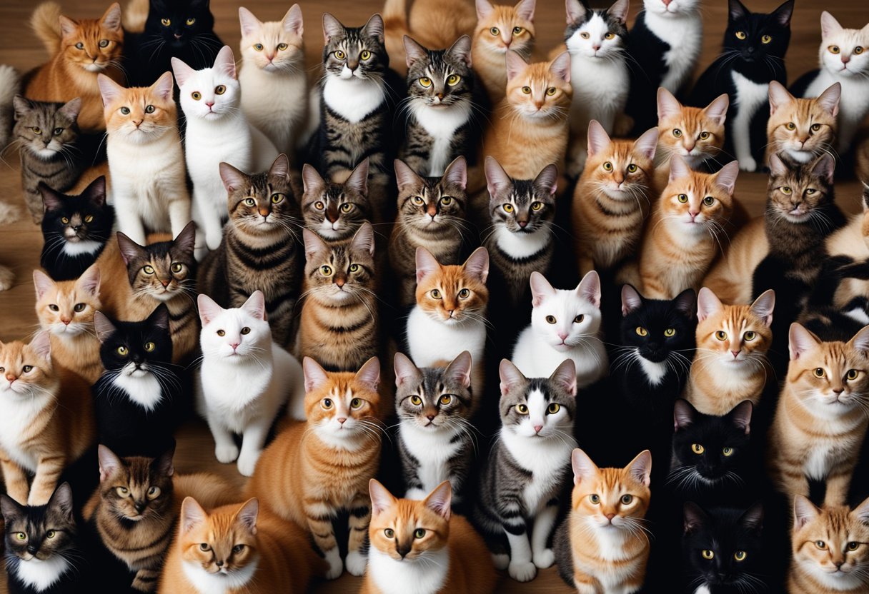 A group of 12 cats in various poses, surrounded by toys and treats.
Each cat is depicted with unique markings and
expressions