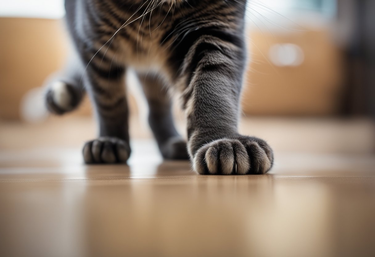 A cat’s front paw with five toes stands next to its back paw with four
toes