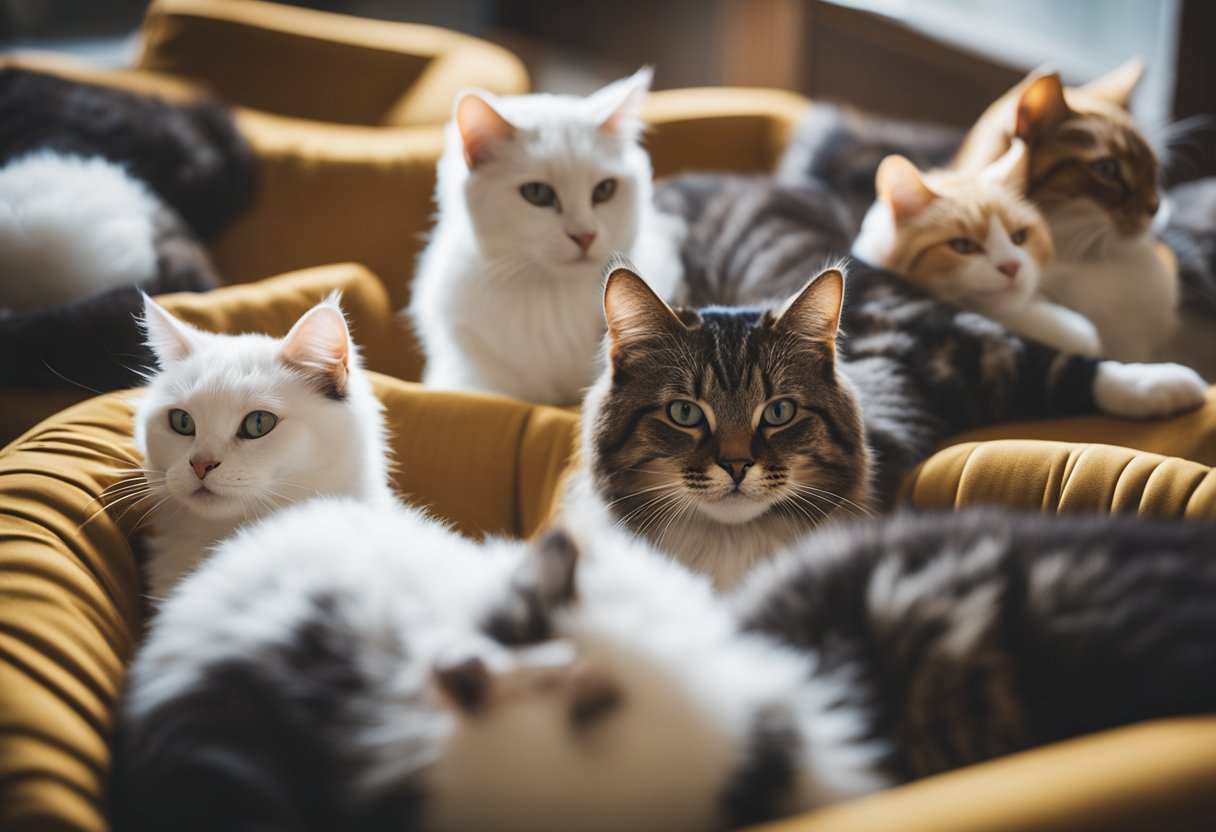 A clowder of cats lounges together, tails twitching. 12 fun facts
about
cats