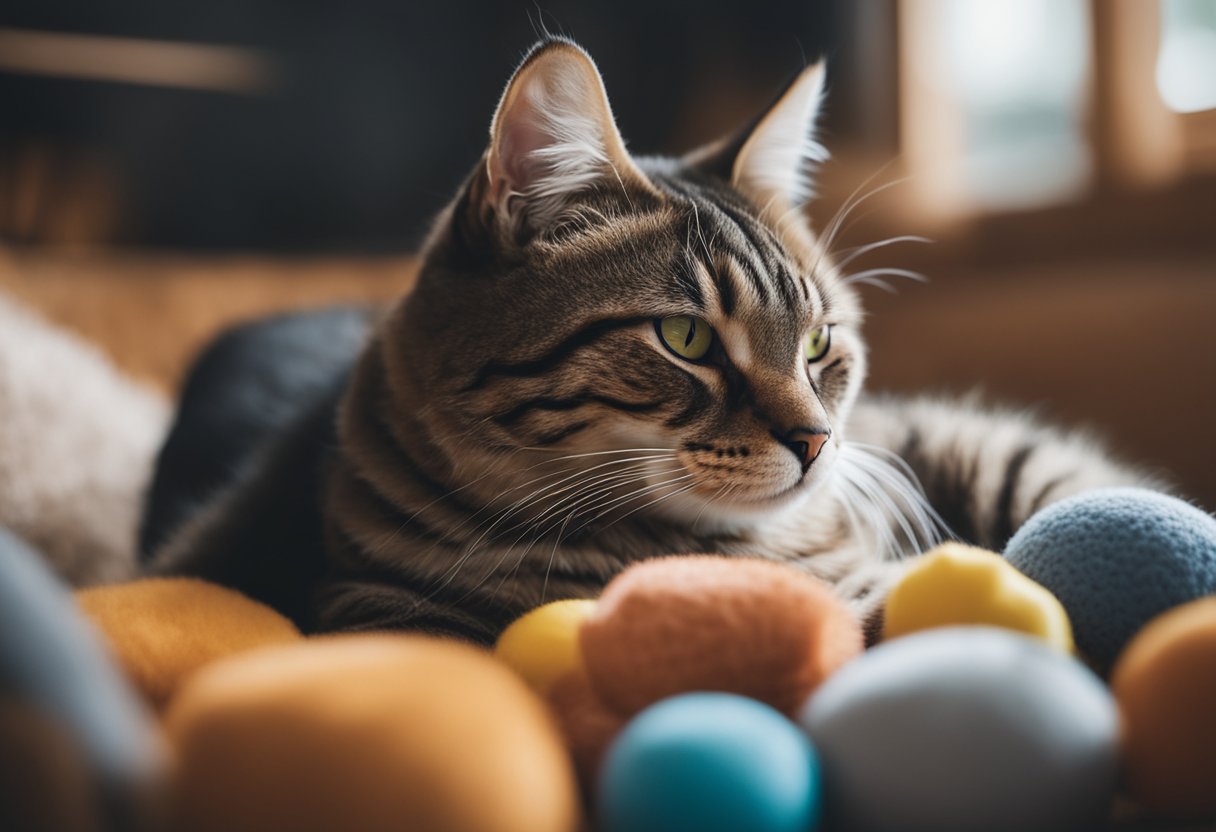 A cat peacefully napping in a cozy spot, surrounded by various toys
and perhaps a comfy bed or blanket. The scene should convey a sense of
relaxation and
contentment