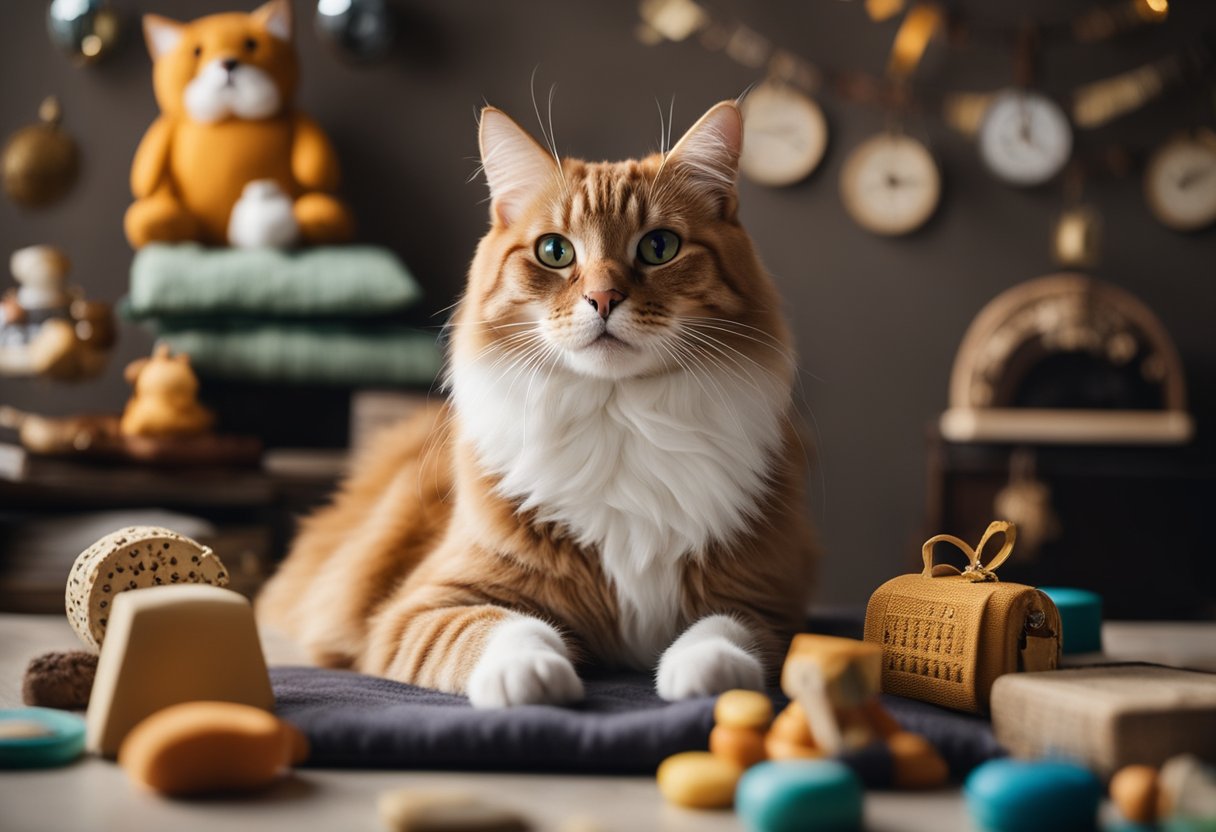 A wise, elderly cat lounges on a cozy cushion, surrounded by toys and
treats. A calendar on the wall marks the passage of
time