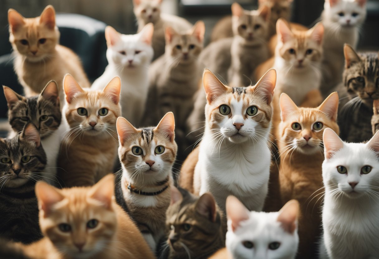 A cat with its ears turned 180 degrees, surrounded by 11 other
cats