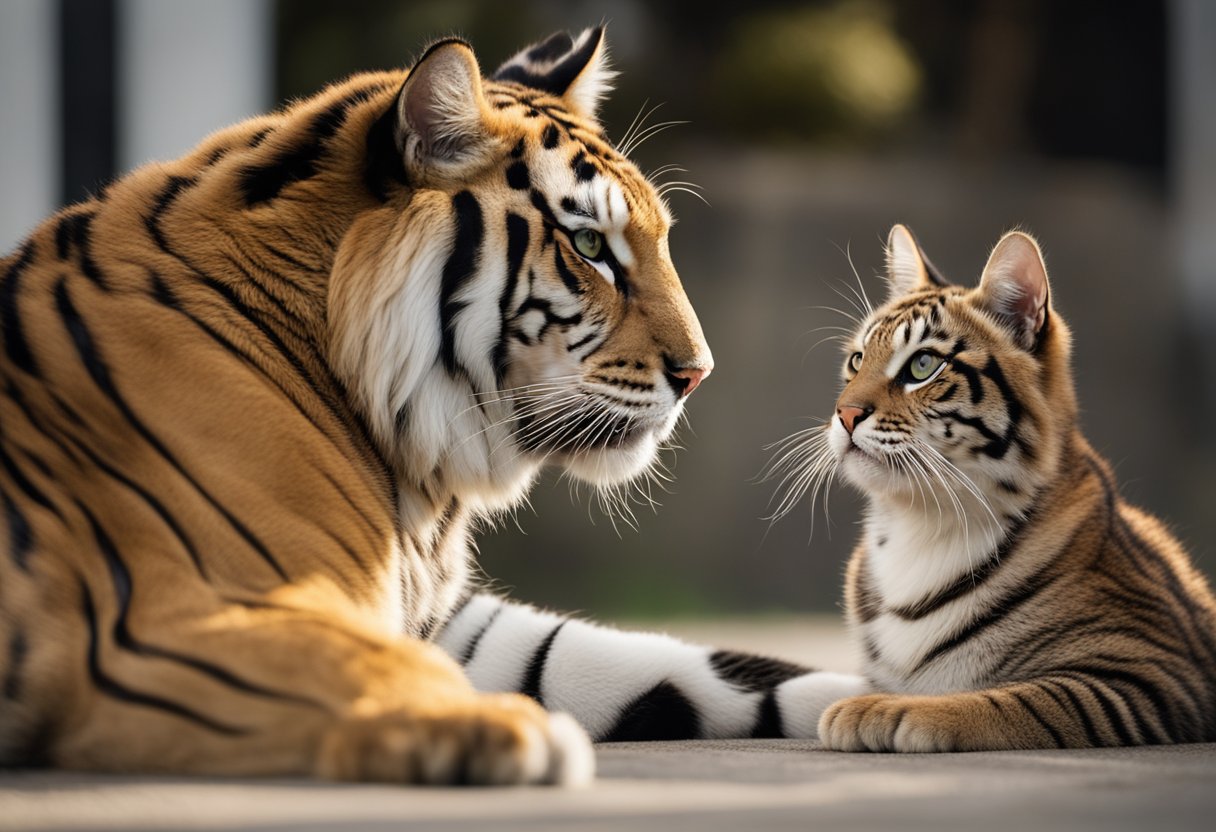 A domestic cat and a tiger stand side by side, showcasing their
similar physical features. The cat’s playful demeanor contrasts with the
tiger’s powerful
presence