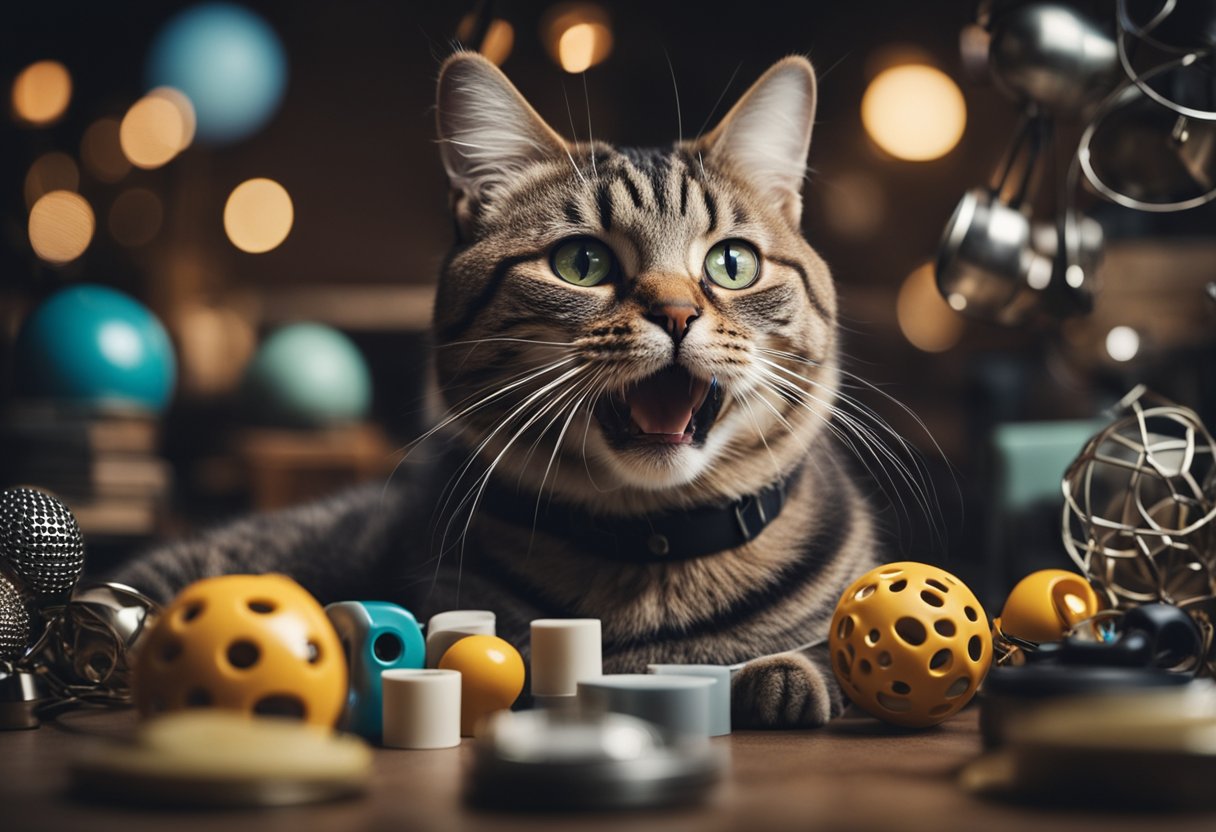 A cat surrounded by various objects, with its mouth open and emitting
different
sounds