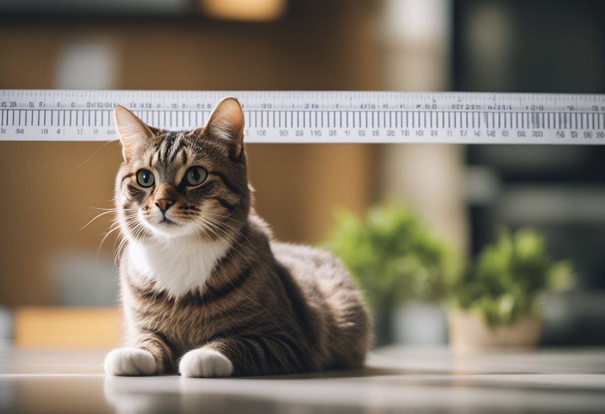 A cat with wide whiskers stands next to a
ruler