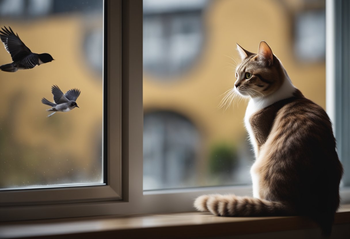 A cat with a distinctive coat pattern sits next to a window, gazing at
a bird outside. Its tail curls around its body as it watches
intently