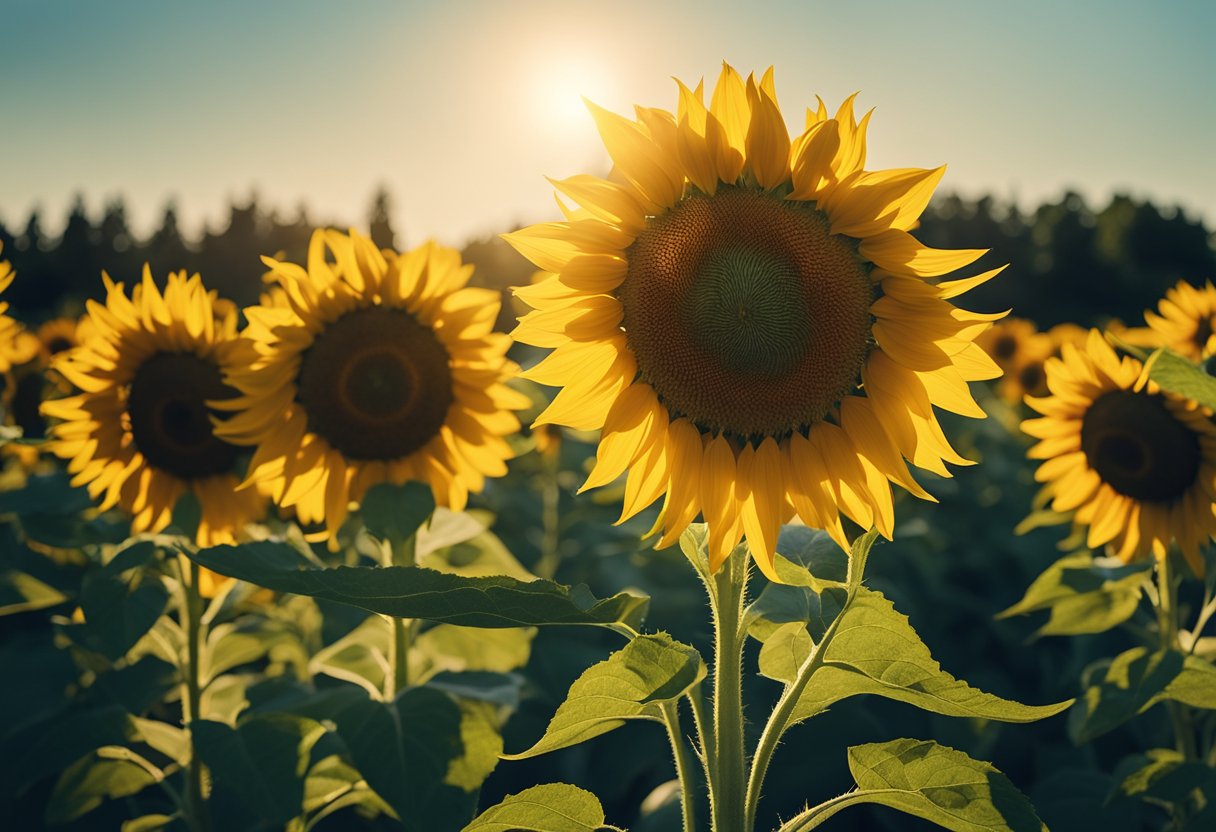 Sunflowers turn towards the sun, their bright yellow petals reaching
upwards. Green leaves and tall stems stand against a clear blue
sky