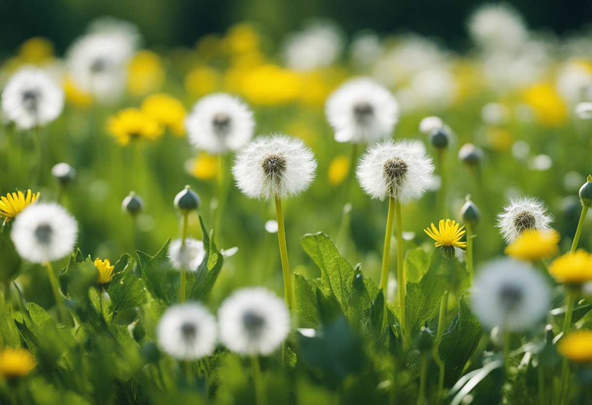 A field of dandelions in full bloom, with their bright yellow petals
and fluffy white seed heads, surrounded by lush green
grass