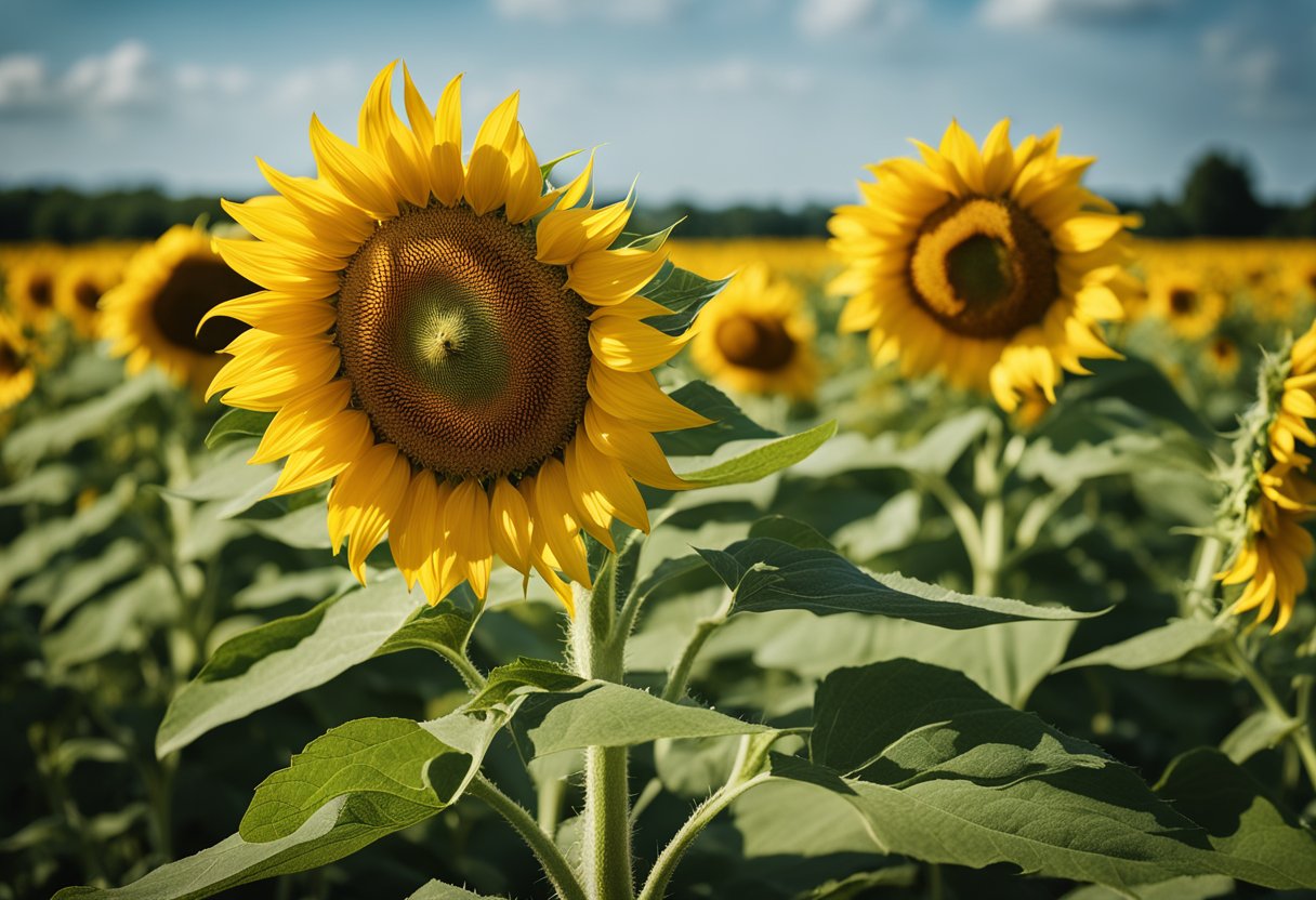 A towering sunflower, standing at 30 feet tall, its bright yellow
petals reaching towards the sky, surrounded by a field of green
foliage