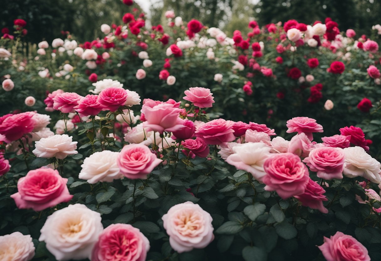 A sprawling garden filled with vibrant roses, some towering over
others, with delicate petals in various shades of pink, red, and white,
showcasing the timeless beauty of these
flowers