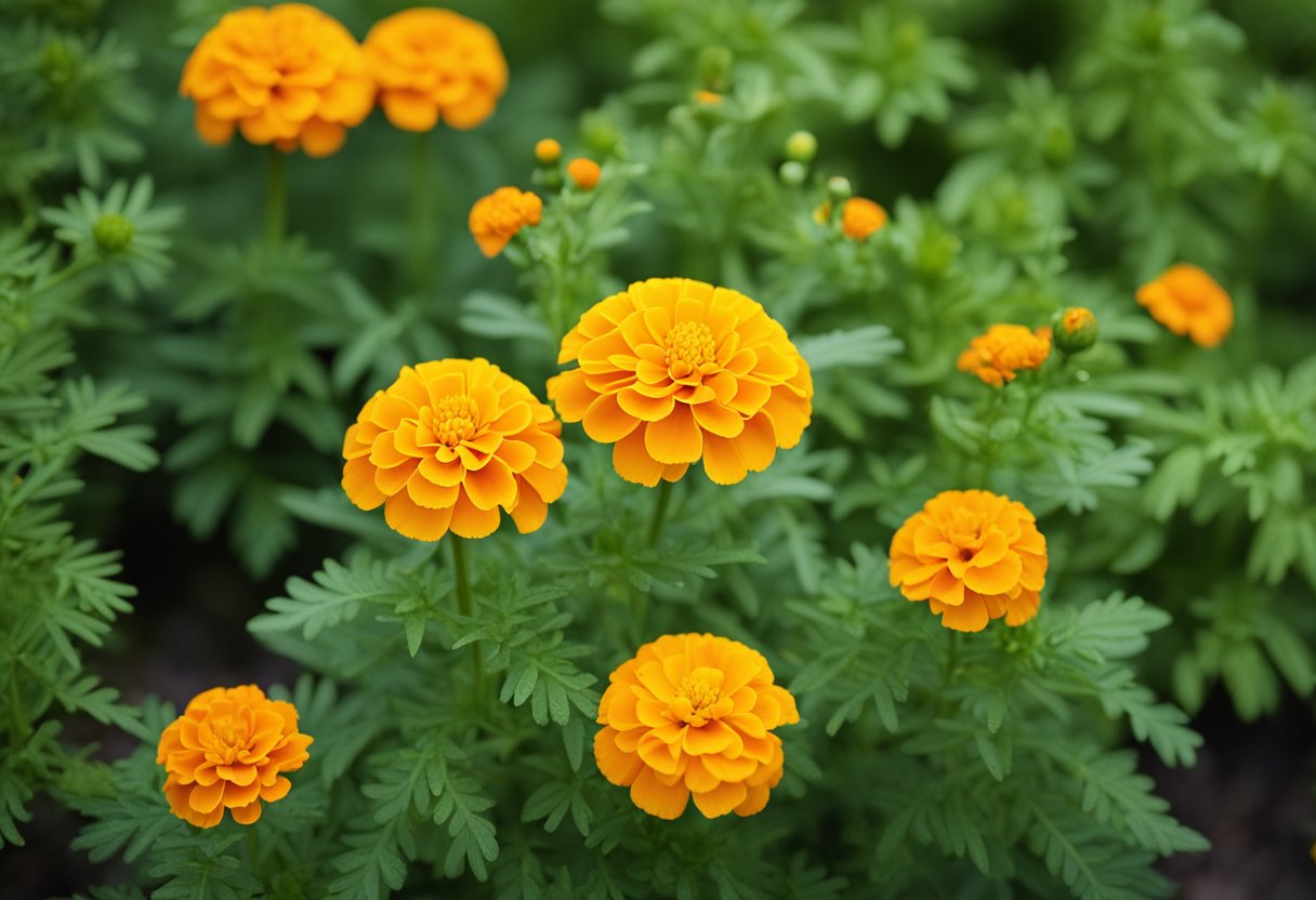 Vibrant marigolds repel pests in a garden. Bright orange and yellow
blooms stand out against green
foliage