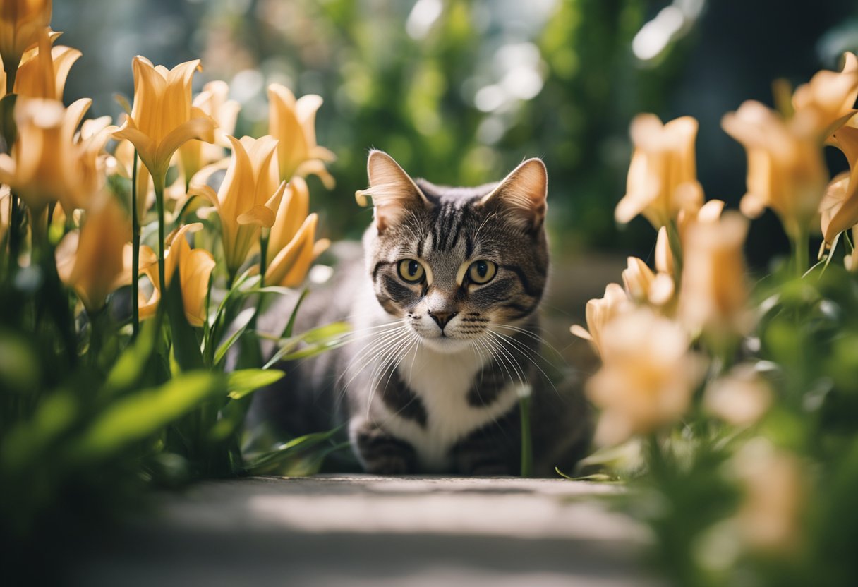 Lilies surround a curious cat, who hesitates to
sniff