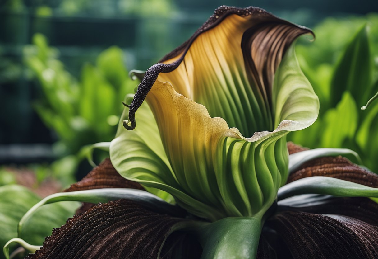 The Titan Arum flower emits a putrid odor resembling rotting
flesh