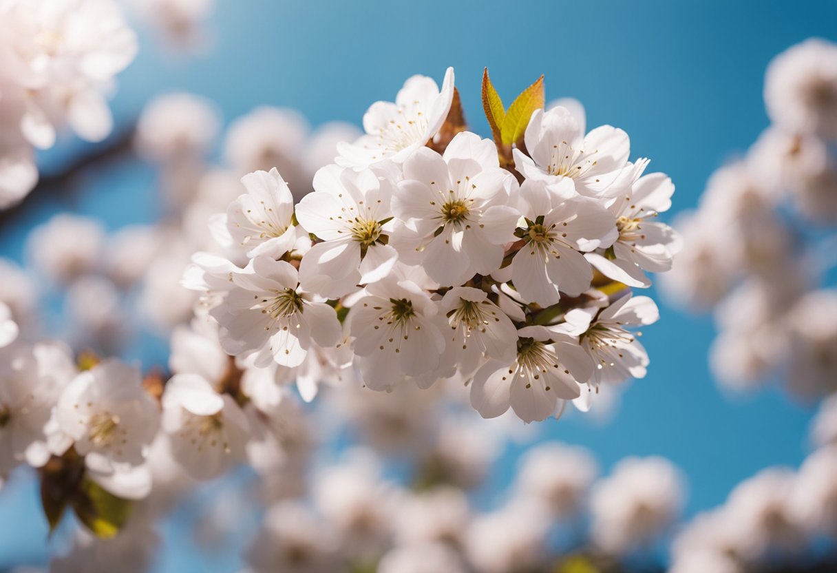 A cluster of cherry blossoms blooming against a clear blue sky,
representing renewal and new
beginnings