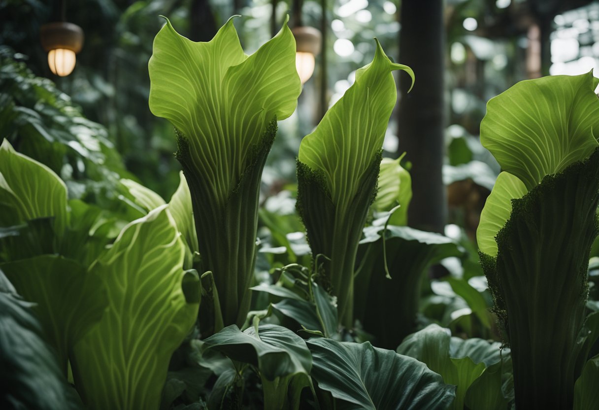 A rare corpse flower blooms, emitting a foul odor. Surrounding plants
wilt. Visitors cover their
noses