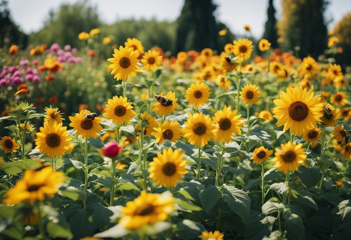 Colorful flowers in a garden, with a variety of shapes and sizes. A
mix of sunflowers, roses, daisies, and tulips. Bees and butterflies
fluttering
around