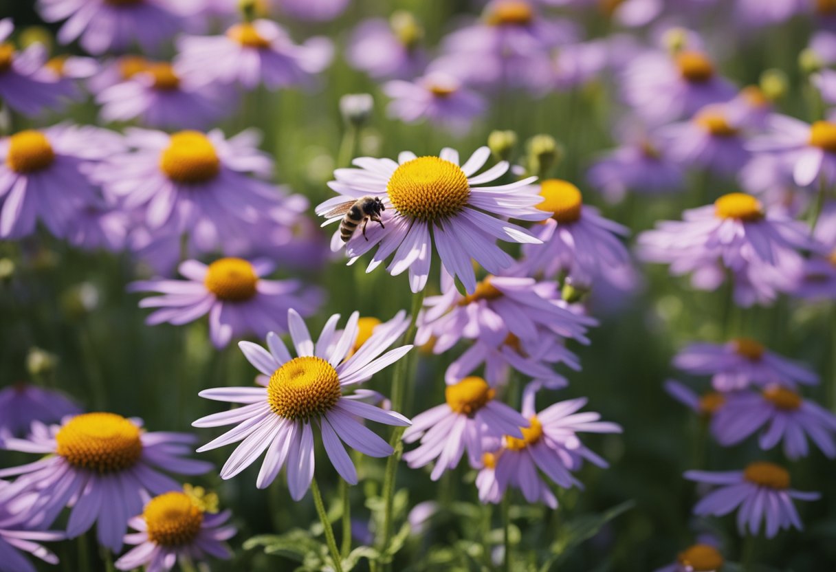 Colorful flowers in a garden, varying shapes and sizes. Bees buzzing
around, pollinating. Petals opening and closing. Roots reaching into the
soil