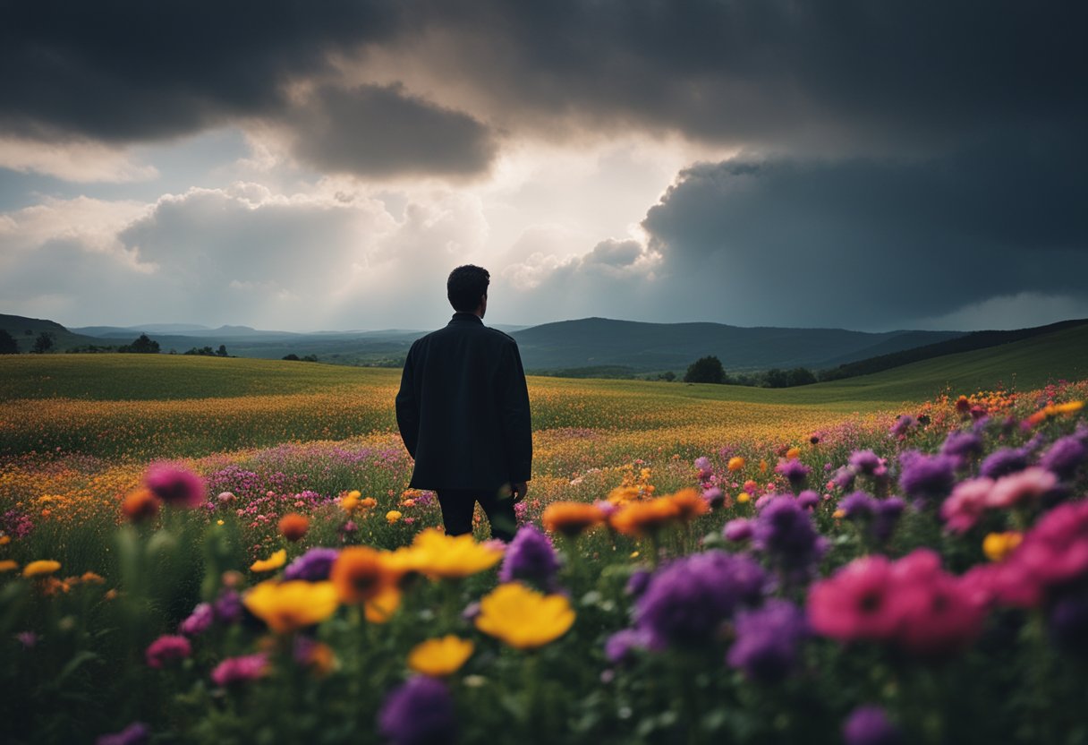 A dark cloud hovers over a field of colorful flowers, while a lone
figure stands with their back turned, surrounded by a crowd of shadowy
figures whispering negative
words