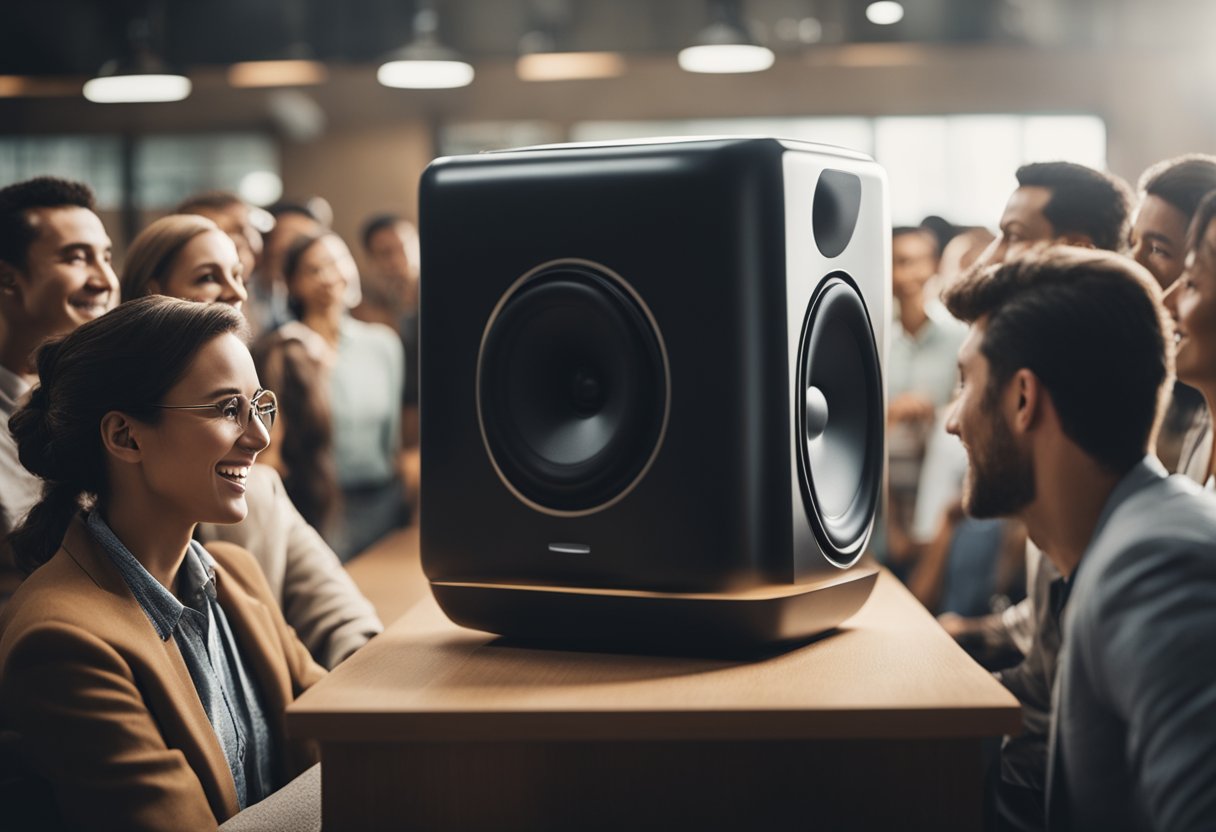 A group of people eagerly gather around a speaker, nodding and smiling
as they listen intently. Others look on from a distance, observing the
interaction with
curiosity