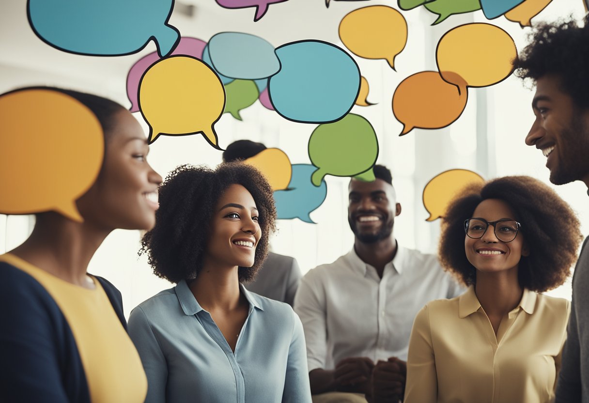 A diverse group of people engaged in lively conversation, surrounded
by thought bubbles filled with intriguing psychological
facts