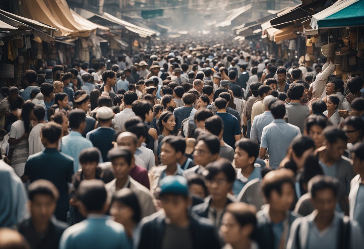 A crowded marketplace with limited supplies, people eagerly reaching
for scarce items, a sense of urgency and desire in the
air